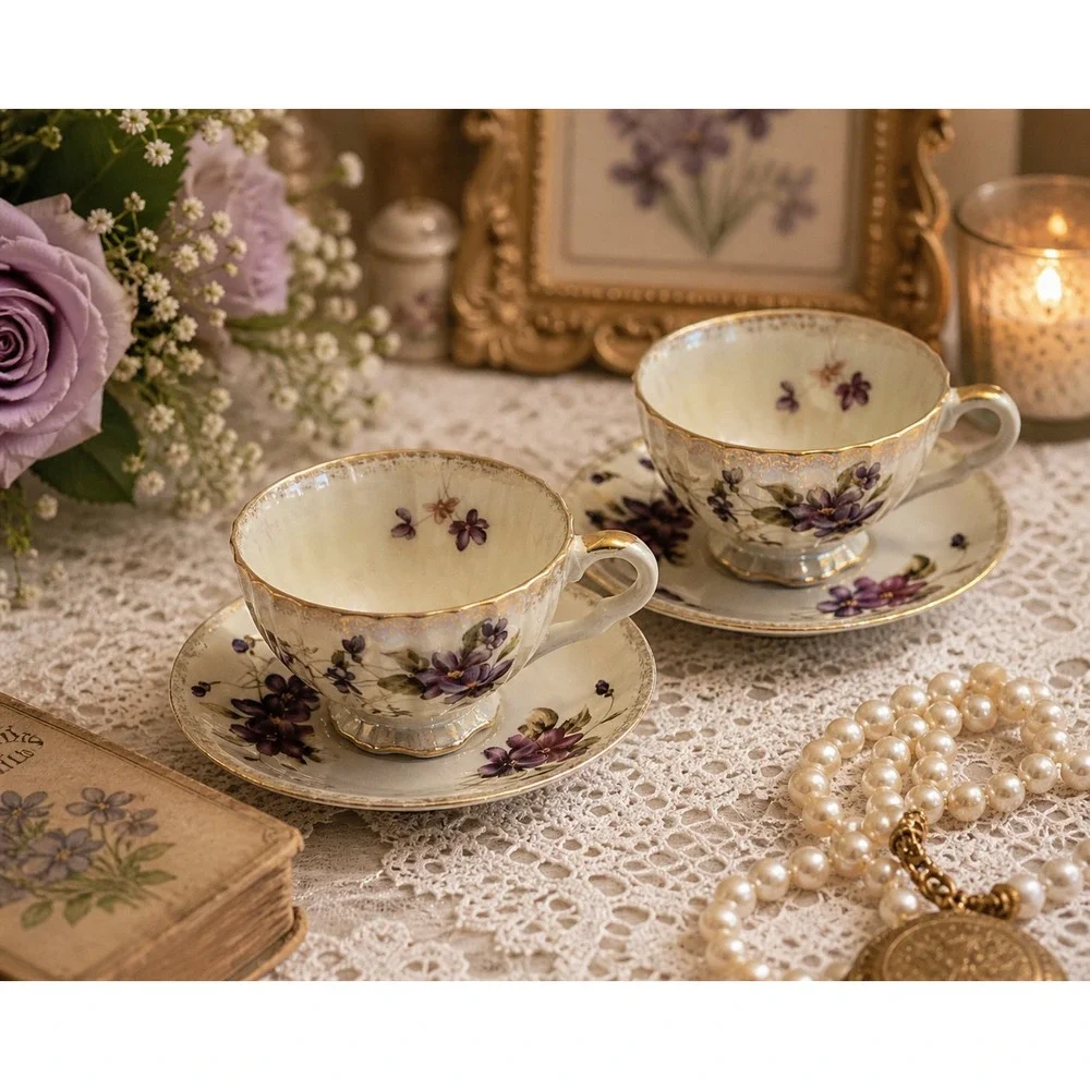 Vtg‎ Lusterware Tea Cup Saucer Set Purple Floral Gold Trim Porcelain Japan 2pc